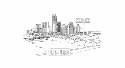 Obraz premium Sketch of a city skyline with a street sign and highway below