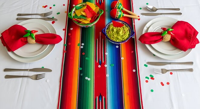 A beautifully arranged table display showcasing vibrant hues and textures, perfect for a festive fiesta or Cinco de Mayo celebration, inviting guests to gather and enjoy delicious food