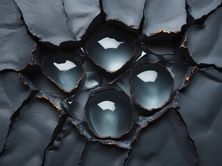 Obraz premium Abstract dark cracked stone surface with large liquid cells. Futuristic organic background with glowing core.