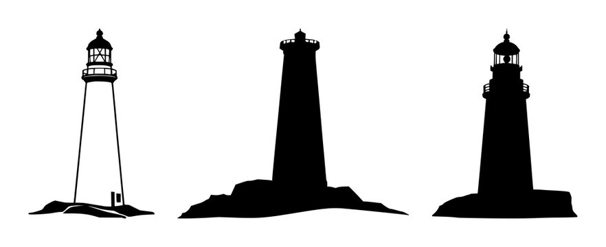 Black silhouette, white background: lighthouse set with simple line art design featuring simple design, minimalist, black and white with illustrations and graphics