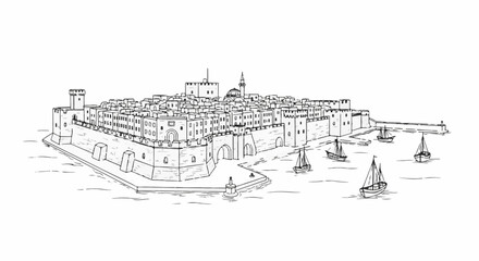 Fototapeta premium Ancient fortified coastal city with sailboats in the harbor