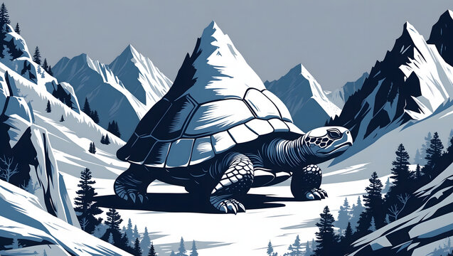 Surreal illustration of a giant turtle with a snow mountain on its shell. World turtle concept in winter landscape.