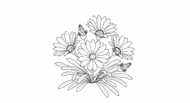 Sketchy line drawing of a bouquet of daisies and buds with leaves