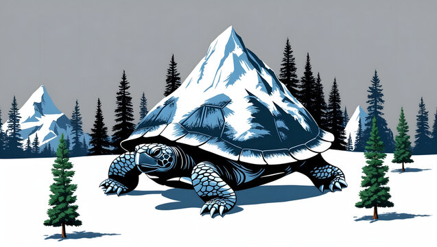 Surreal graphic illustration of a turtle with a snowy mountain peak on its shell. Minimalist winter landscape concept.