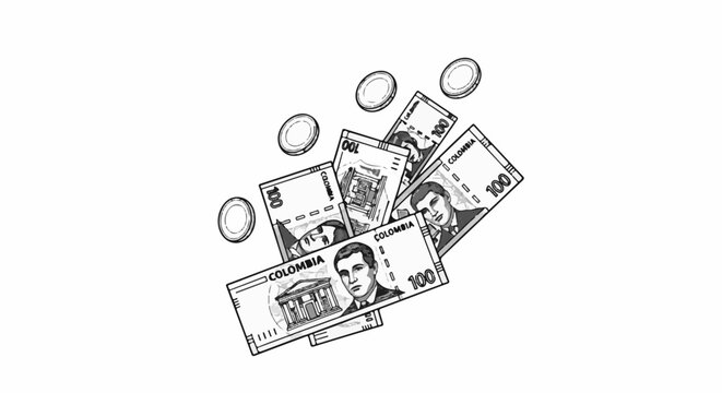 A scattering of drawn currency notes and circular coins on a white background