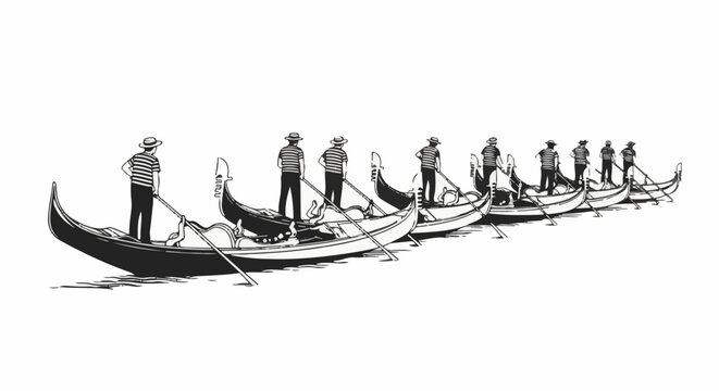 A line of gondolas with rowers dressed in striped shirts and hats