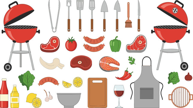Detailed Flat Style BBQ Mega Set with Dual Grills, Steak, Salmon, Sausage, Vegetables, Utensils, Apron, Wine, and Cutting Board for Cookout Designs.