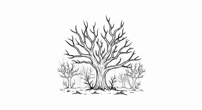 A stark, hand-drawn illustration of bare trees in a forest