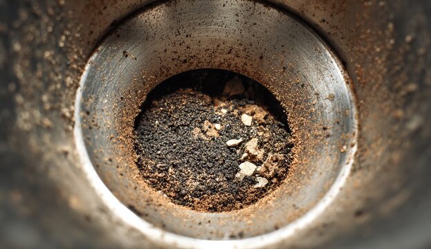 Close-up of a metal container filled with dark, granular material.