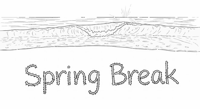 A line drawing of a breaking wave under a bright sun, with the words "Spring Break