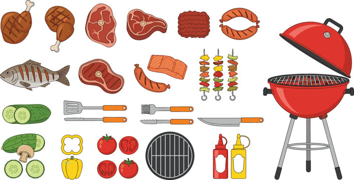 Extensive Flat Style BBQ Food and Grill Set with Chicken, Steak, Fish, Sausage, Salmon, Kebab, Vegetables, Utensils, and Kettle Grill Designs.
