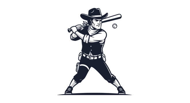 Monochrome illustration of a cowboy in a hat and vest, holding a baseball bat in a batting stance, ready to hit a flying ball.