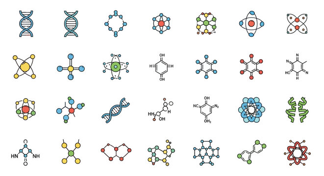 Illustration of various molecular structures and genetic codes in vibrant colors for science.