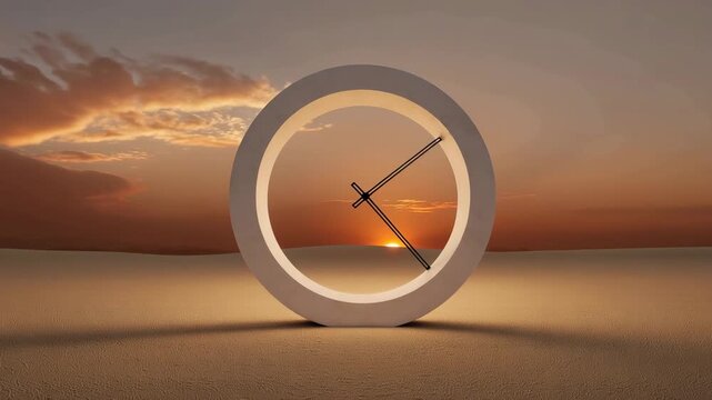 Beautiful sunset seen through a circular clock in the desert with a bright sky and soft sand