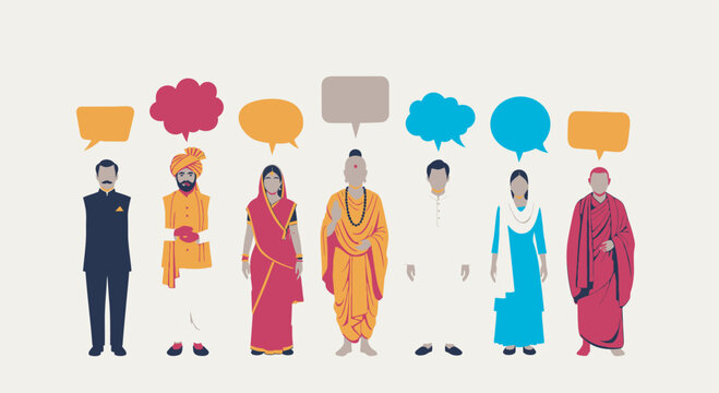 Independence Day Diverse Indian people in traditional attire standing with speech bubbles for cultural communication concept vector graphic India
