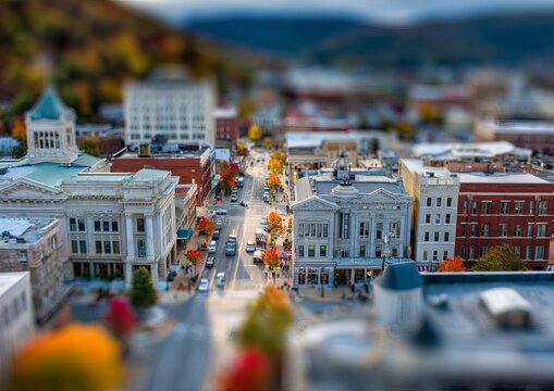 Tilt-Shift Miniature Effect of a Charming Downtown Area in Autumn.