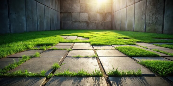 Sunlit Courtyard with Interlocking Stone Pavers and Lush Green Grass Patches