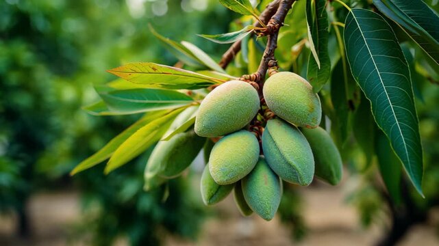 Almonds growing. Healthy ripening nuts cluster, green leaves, against blurred grove background of trees. Agriculture, food. Almond orchard. Organic farming. Macro detail kernel. Longterm profitability