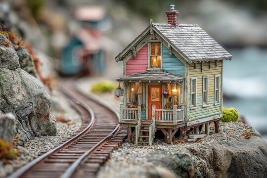 Miniature House by Railroad Tracks - A Charming Detailed Scene.