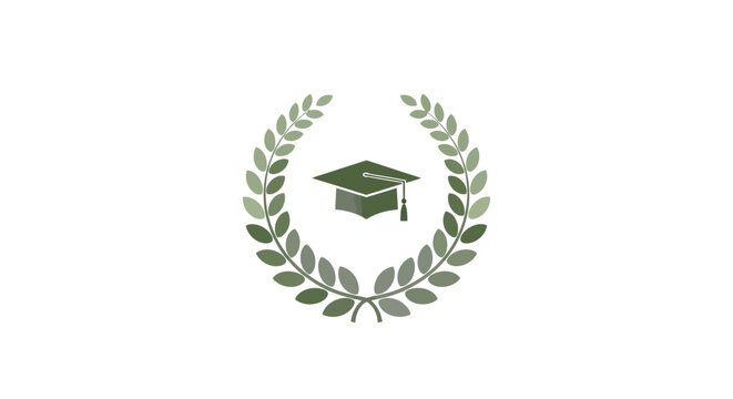 Academic emblem featuring a graduation cap surrounded by a laurel wreath on a white background