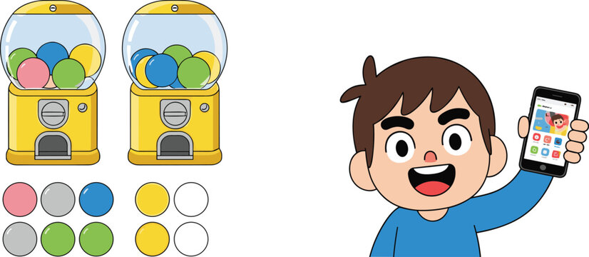 Gumball Machines with Colorful Balls and a Cartoon Boy Holding Smartphone, Digital Interaction and Entertainment Concept Illustration