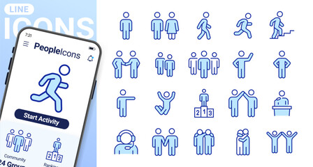 Naklejka premium People line icons set. Person walking, running, happy man, company leader, friends hugs, team group, family minimal vector illustrations. Simple outline signs. Blue duotone color, Editable Stroke.