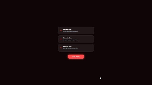 Cybersecurity firewall alert notification stack showing blocked unauthorized access attempts
