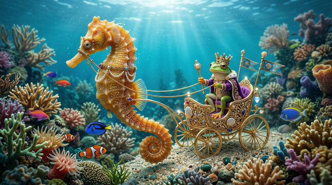 A majestic seahorse pulling a tiny, ornate underwater chariot driven by a highly detailed, miniature frog king