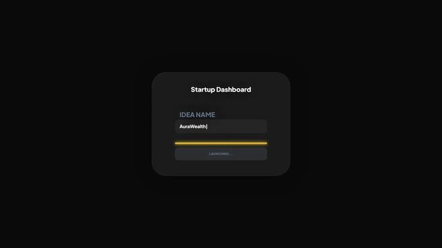 Luxury startup dashboard interface animation featuring project creation and idea launch sequence