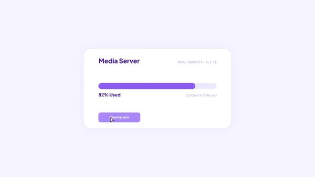 Purple aesthetic media server storage management interface with capacity tracking and junk cleanup