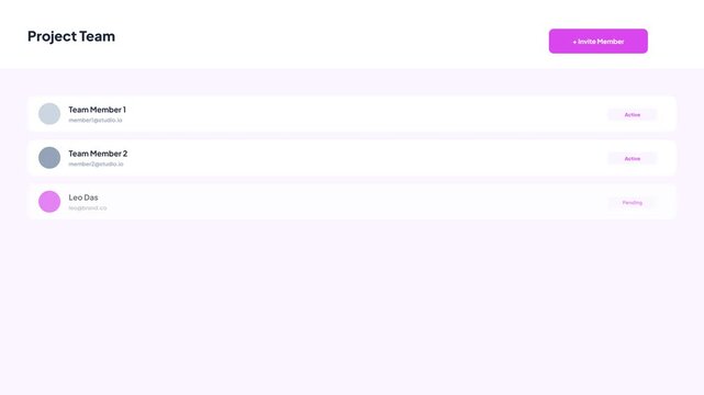 Vibrant purple themed interface showing project team invitation process with email entry and member list