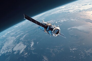 Naklejka premium Advanced satellite technology orbiting planet earth displaying soft planet curvature and vast cosmic expanse