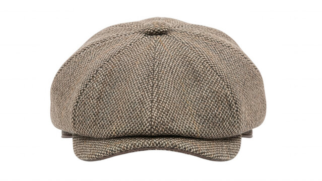 A brown tweed flat cap with a herringbone pattern, isolated on a solid black background, showing a classic newsboy style hat with a short visor
