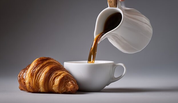 Pouring Coffee into Cup with Croissant on Gray Background.
