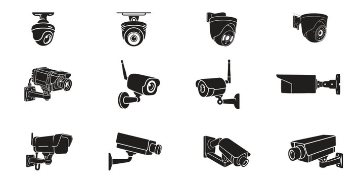 CCTV Security Camera Icon Set, Surveillance System Equipment Silhouette Collection with Dome and Bullet Cameras for Protection and Monitoring on White