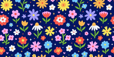 Seamless pattern with colorful flowers in naive Scandinavian folk art style on dark blue background. Hand drawn flat floral ornament for kids textile, wallpaper, surface design. Vector illustration © nadiinko
