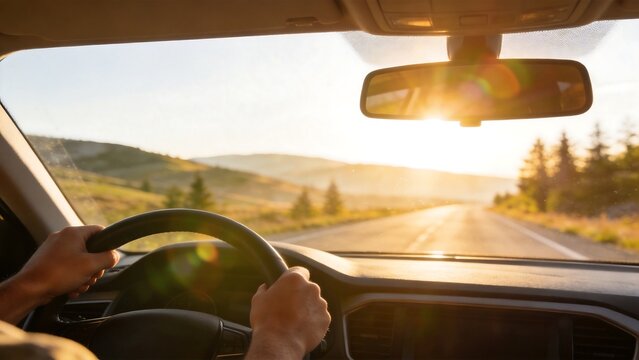 Person driving car on road at sunset