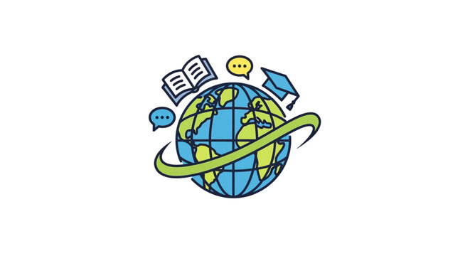 Global education and learning with the symbols of books, chat bubbles, and graduation cap