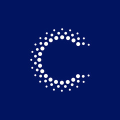 Abstract letter C logo design composed of numerous white dots on a dark blue background, representing connection and digital innovation. © ssstyawn