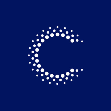 Abstract letter C logo design composed of numerous white dots on a dark blue background, representing connection and digital innovation.