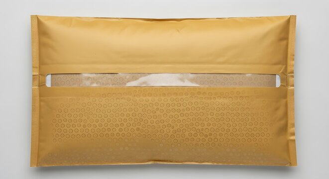Golden padded envelope with clear window and geometric pattern for shipping documents