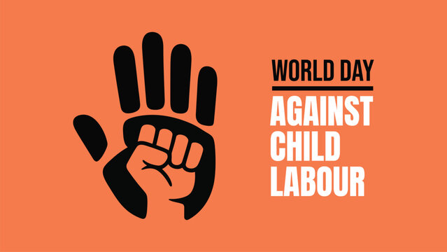 World day against child labour awareness design with raised hand and child symbol typography for social justice campaign banner poster protection concept