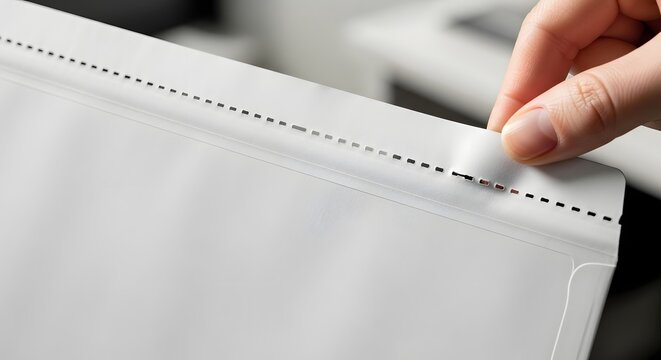 Hand sealing a white resealable pouch with a dotted tear line during packaging design