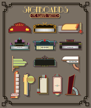 Lightboxes and Neon Signboards Set, Retro Cinema Neon Signboards, Vintage Style Stickers, Vector Objects for 1920s - 1950s Style Illustrarions, Covers, Posters