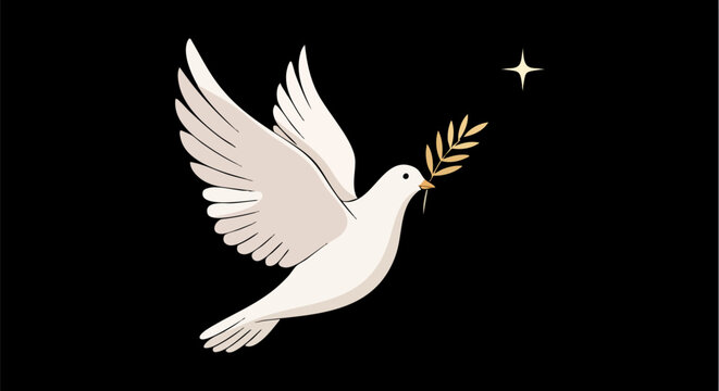 Elegant white dove flying with olive branch, symbolic bird of peace on black background, graceful pigeon vector illustration for hope and harmony