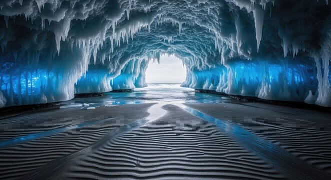 Stunning ice cave interior with light illuminating the passage and formations