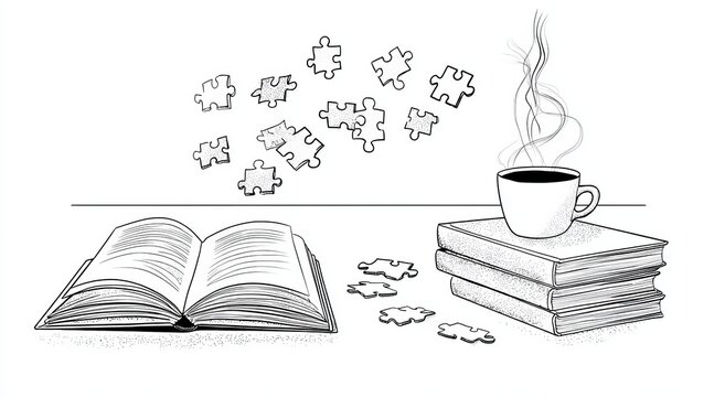 Cozy study scene with open book, coffee, and puzzle pieces.