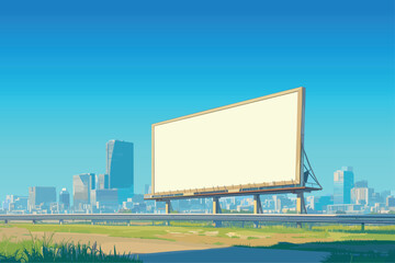 Obraz premium Cartoon billboard by the road, huge city with skyscrapers in the background, clear sunny day, outdoor advertising, highway, field, beautiful, white, vector illustration