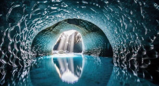 Stunning ice cave interior with light and reflections creating a unique landscape