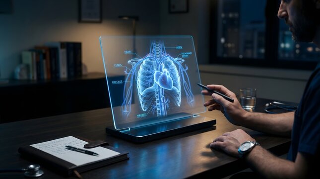 Doctor examining holographic human anatomy model